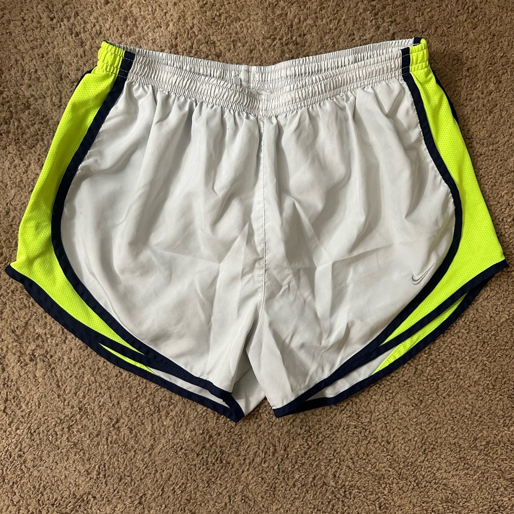 Nike White and Neon Yellow Running Shorts